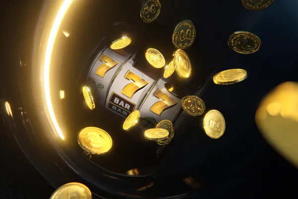 Uma mulher sorrindo enquanto joga online em seu laptop, cercada por elementos de cassino em néon, destacando a coleção diversificada de jogos do 5YYY.